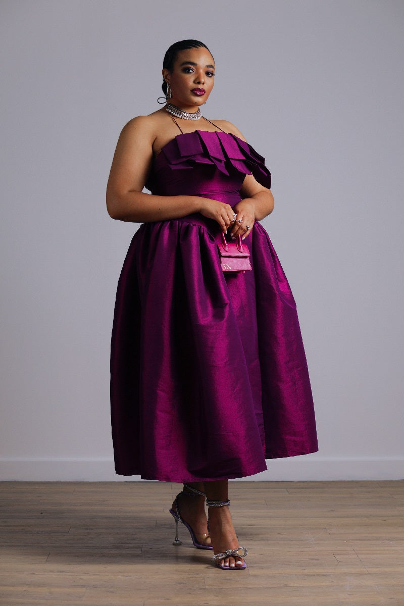 The Makarios Dress by Desirée Iyama in purple — bold and fashion-forward dress for hire, perfect for standout special occasions.