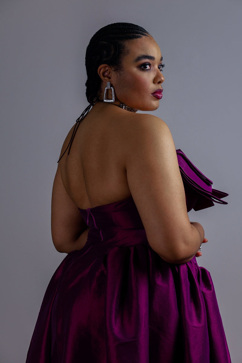 The Makarios Dress by Desirée Iyama in purple — bold and fashion-forward dress for hire, perfect for standout special occasions.