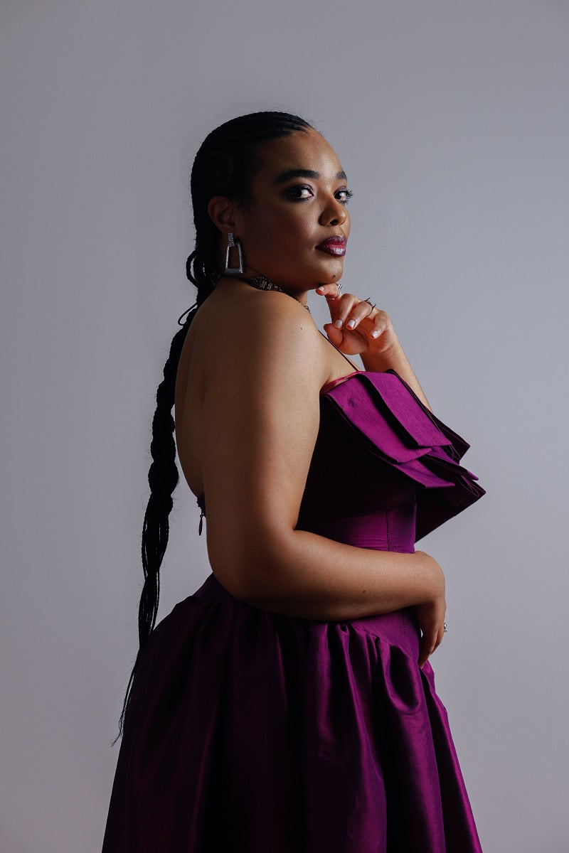 The Makarios Dress by Desirée Iyama in purple — bold and fashion-forward dress for hire, perfect for standout special occasions.