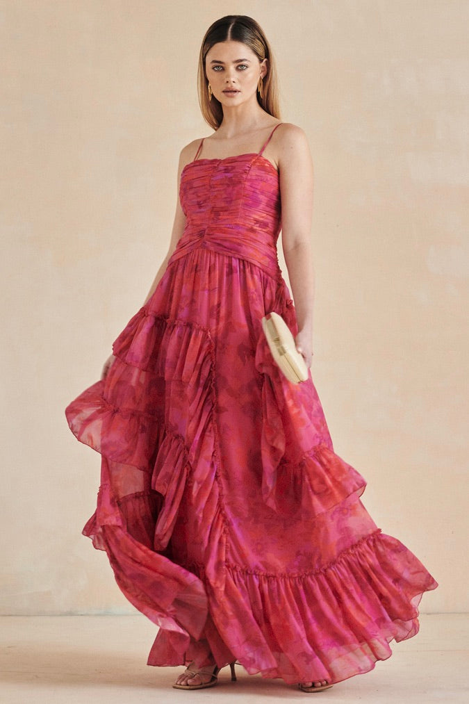 The Saylor Dress by BHLDN in pink with ruched bodice and tiered ruffle skirt