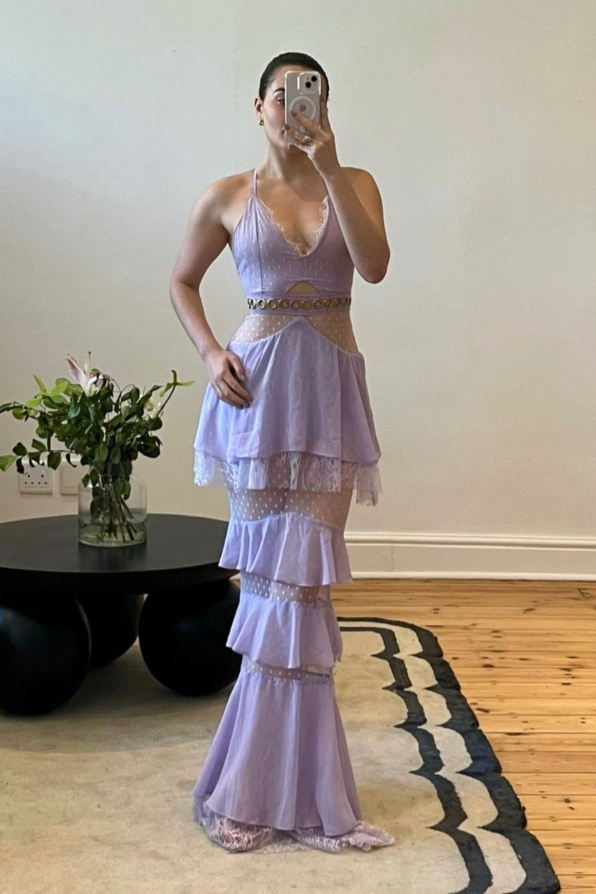 Lilac lace and chiffon floor-length gown with mesh waist inserts and gold O-ring details, pre-loved and available for resale as elegant sustainable occasionwear.
