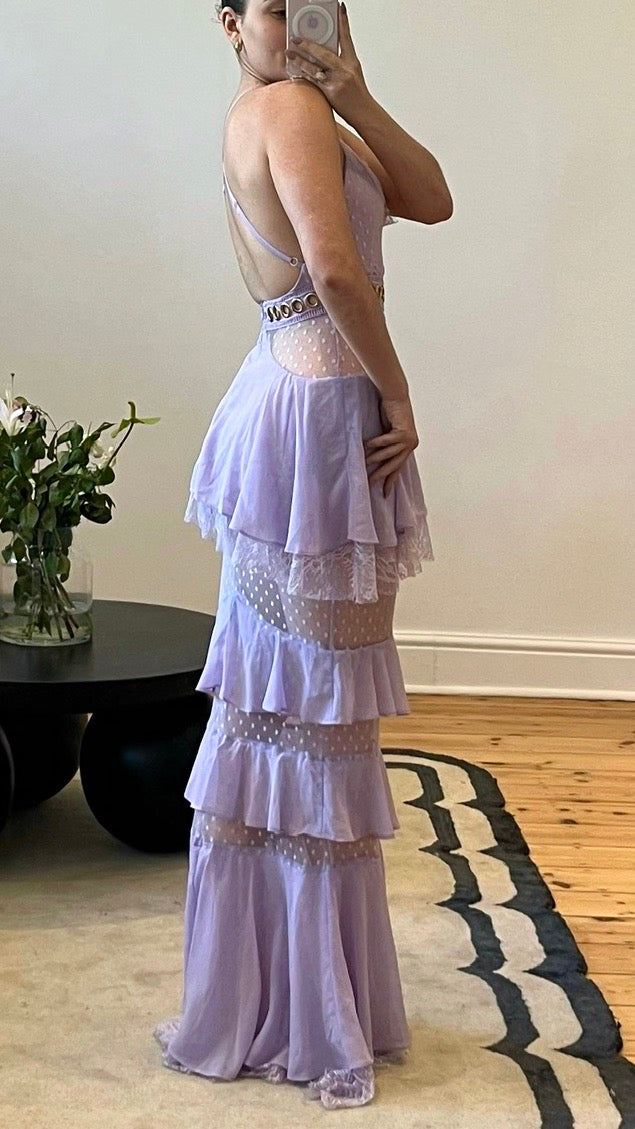Lilac lace and chiffon floor-length gown with mesh waist inserts and gold O-ring details, pre-loved and available for resale as elegant sustainable occasionwear.