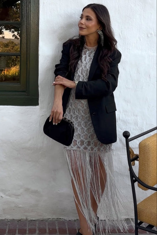 Lattice Grid Mini with fringe hem in Metallic