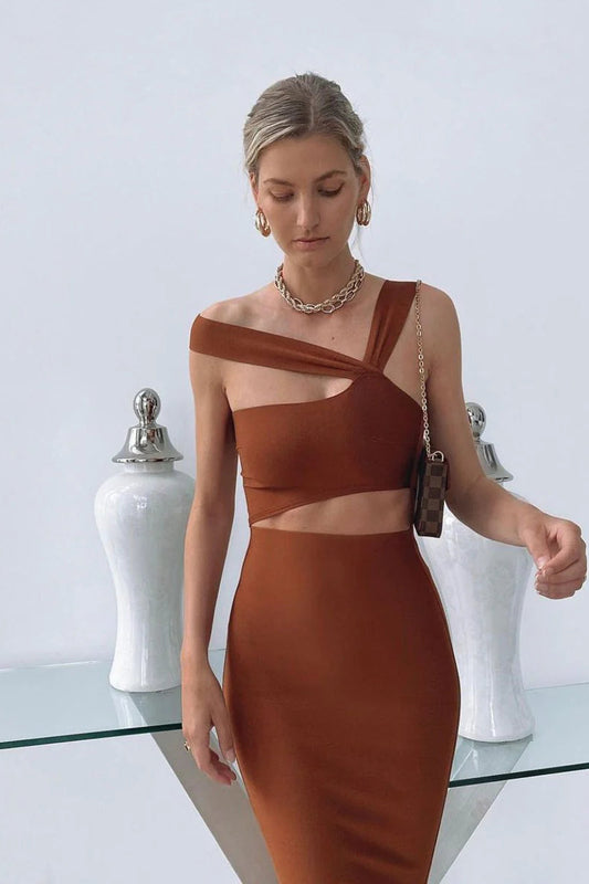 Asha Tan Cut Out Bandage Midi Dress - Resale