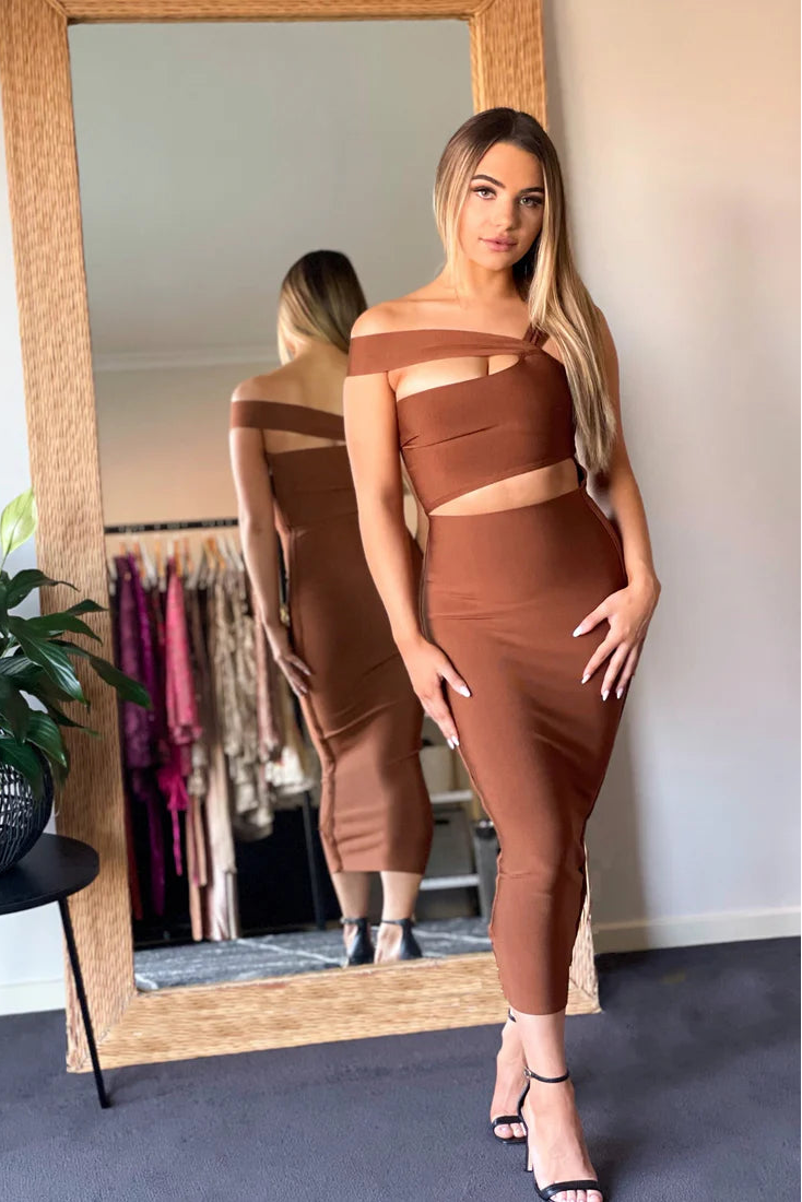 Asha Tan Cut Out Bandage Midi Dress - Resale