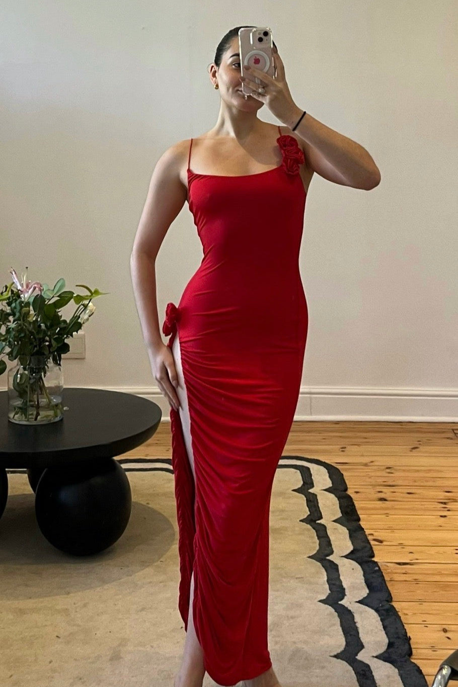 Meshki red bodycon maxi dress available for dress rental and resale in South Africa – front view.