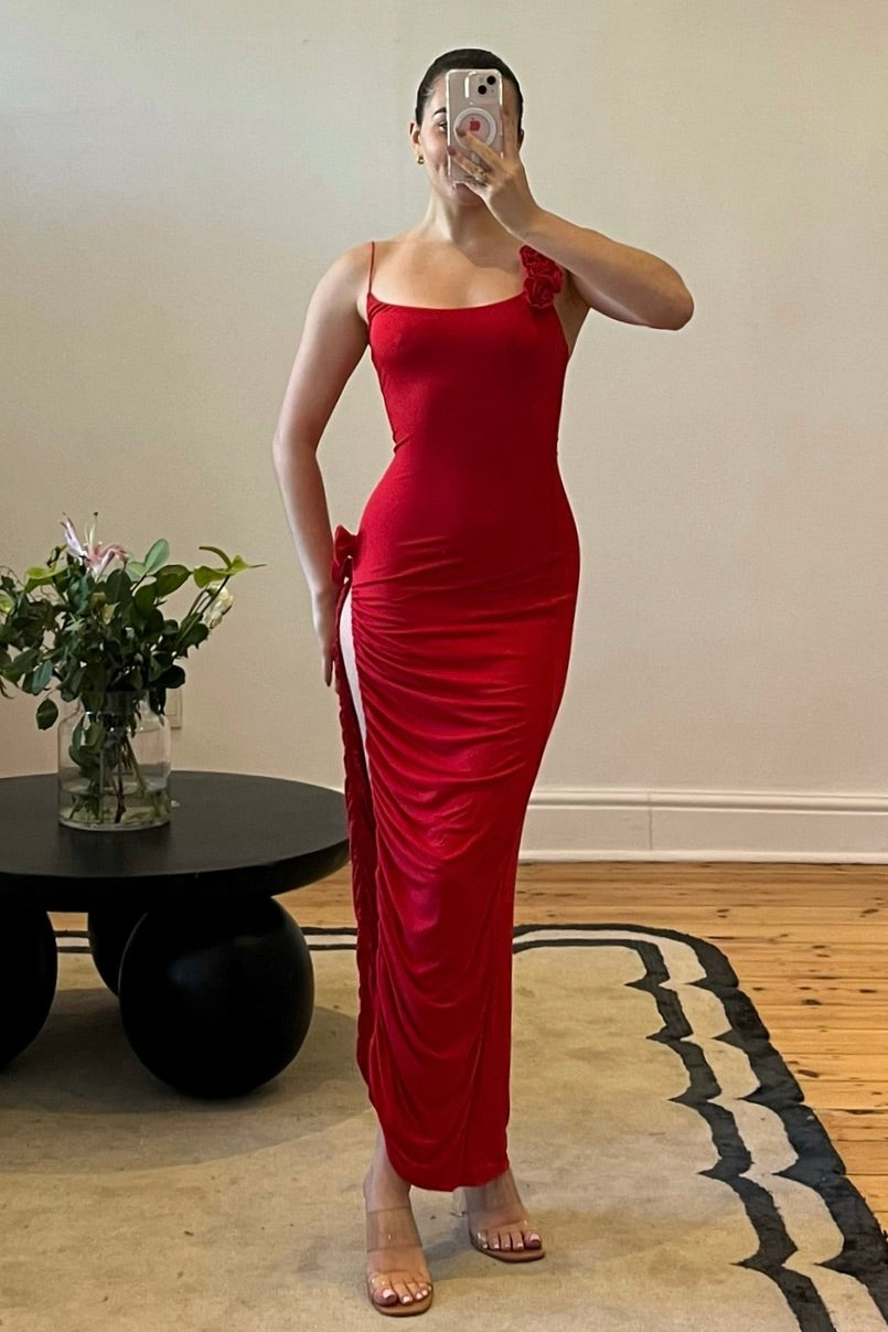 Meshki red bodycon maxi dress available for dress rental and resale in South Africa – front view.