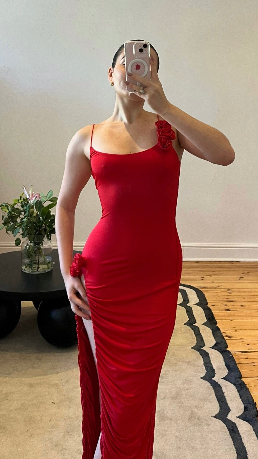 Meshki red bodycon maxi dress available for dress rental and resale in South Africa – front view.