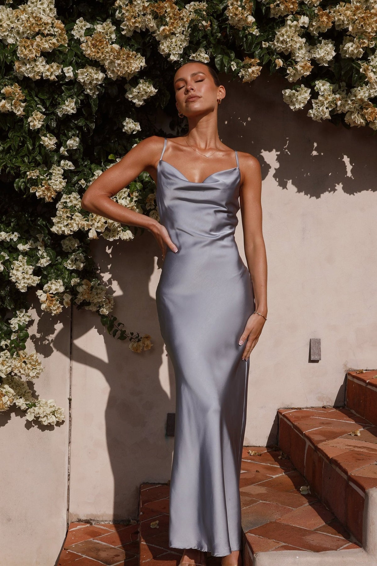 The Moroccan Cowl Neck Maxi Dress in Steel Blue by Billy J