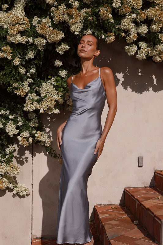 The Moroccan Cowl Neck Maxi Dress in Steel Blue by Billy J
