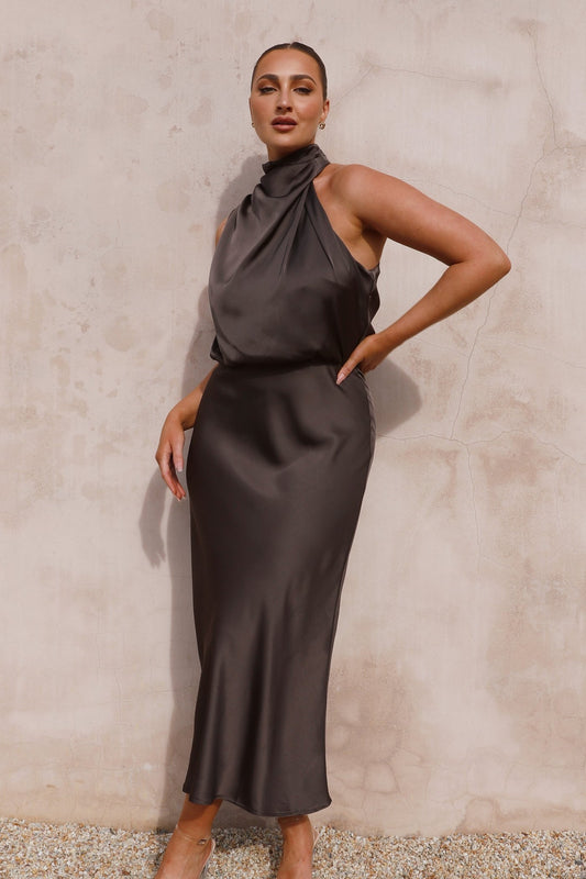 The Napoli High Neck Maxi Dress in Espresso by Billy J