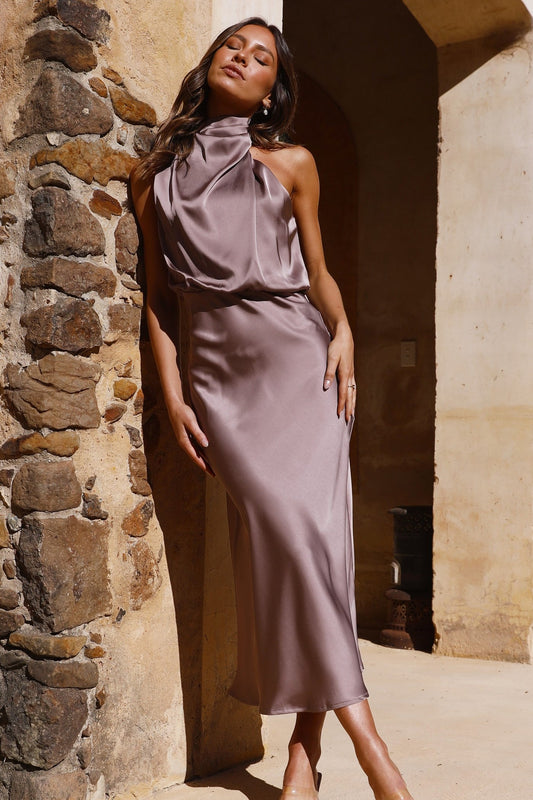 The Napoli High Neck Maxi Dress in Mushroom by Billy J