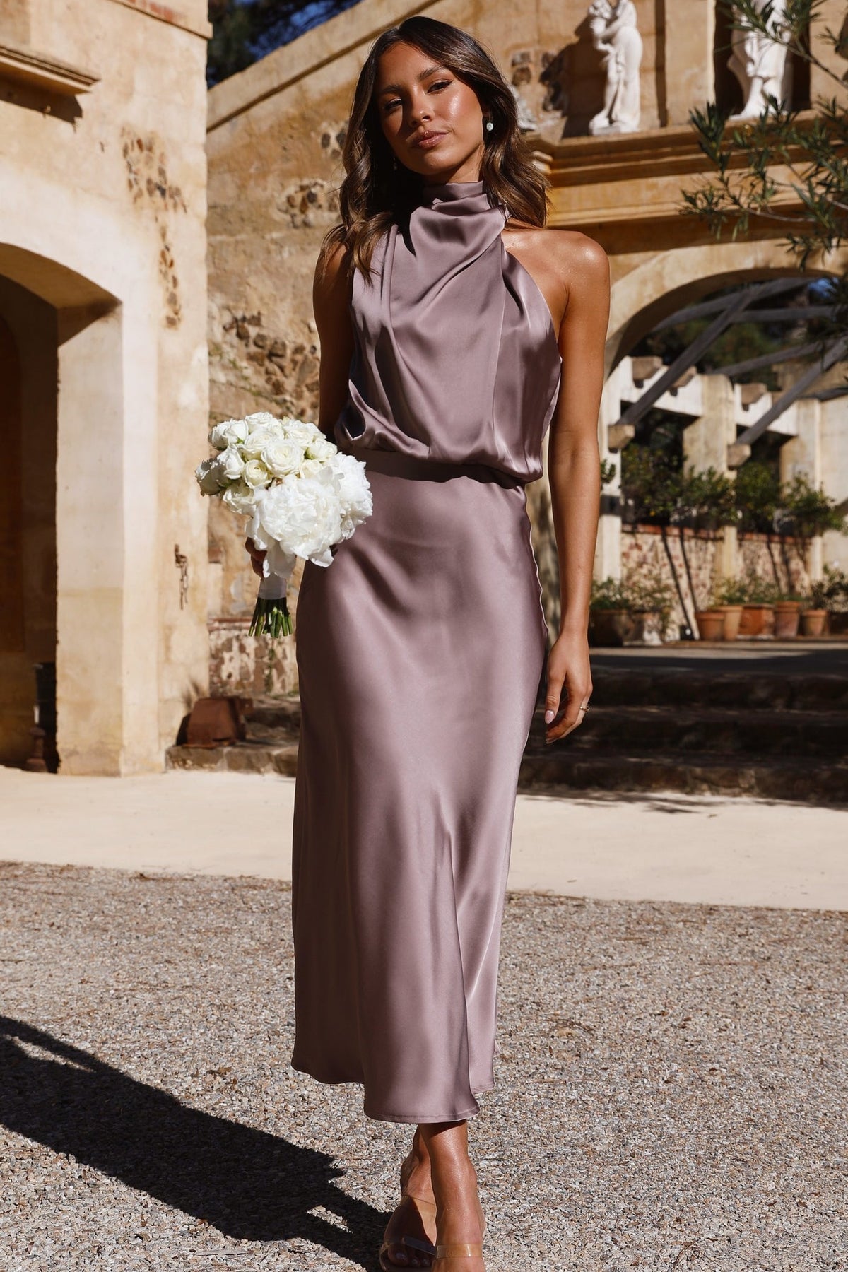 The Napoli High Neck Maxi Dress in Mushroom by Billy J