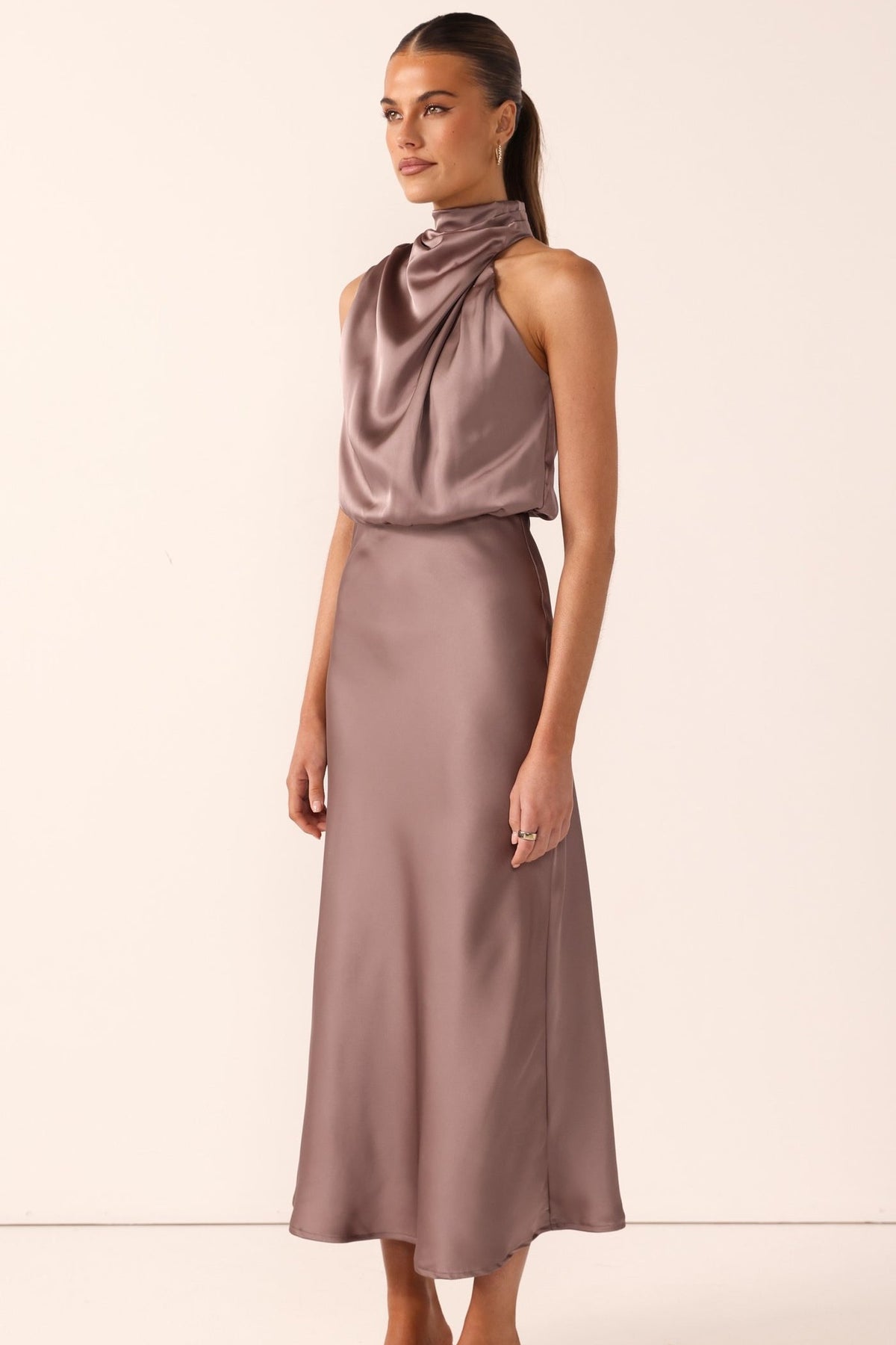The Napoli High Neck Maxi Dress in Mushroom by Billy J