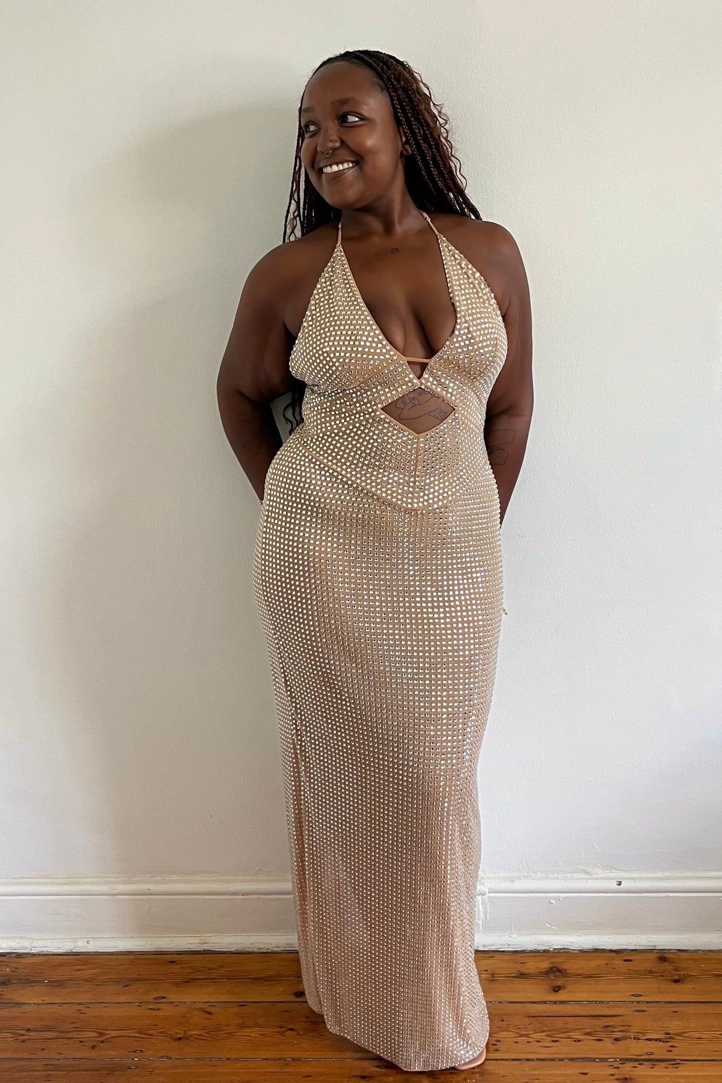 Oh Polly The Boity Dress champagne- halter neck plunging neckline fitted, fully embellished dress.