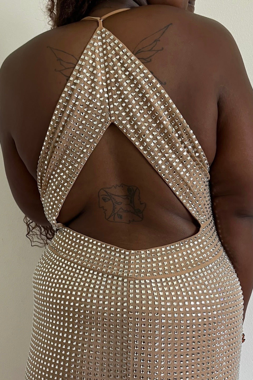 Oh Polly The Boity Dress champagne- halter neck plunging neckline fitted, fully embellished dress.