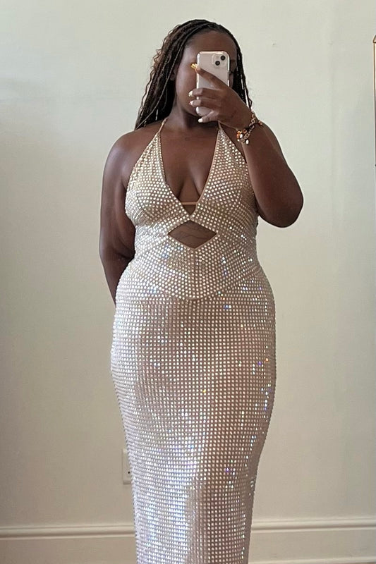 Oh Polly The Boity Dress champagne- halter neck plunging neckline fitted, fully embellished dress.