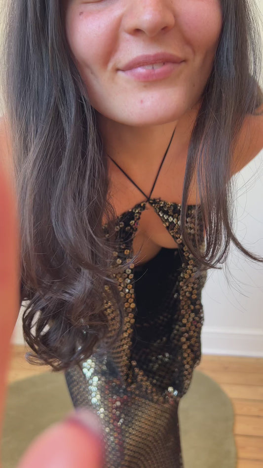 Close up of the Rat and Boa Solar Dress on the model showing the neckline and sequin detail for Rat and Boa dress hire.