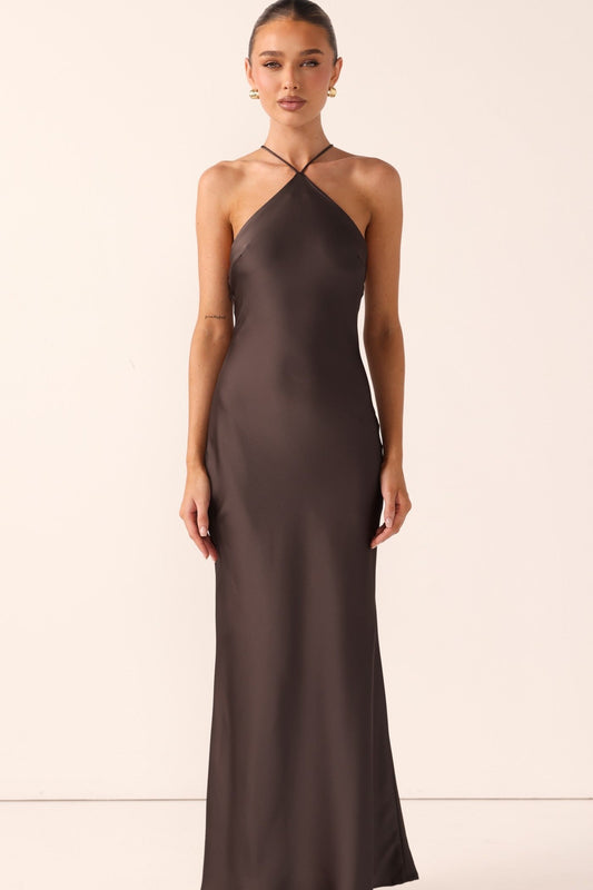 The Savanna Halter Maxi Dress in Espresso by Billy J