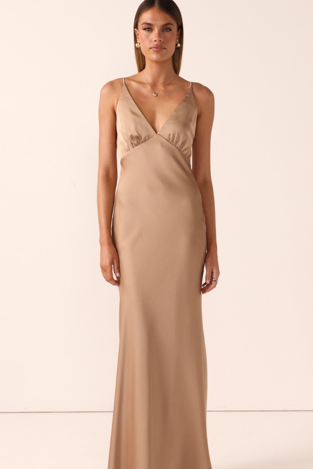 The Veni V-Neck Maxi Dress in Latte by Billy J