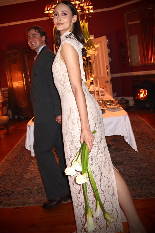 The Off White Lace Open Back Dress