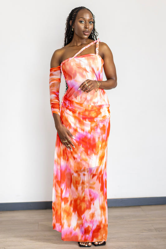 Watercolor-print midaxi dress by Eyare with asymmetrical neckline and waist ruching, pre-loved and available for resale as elegant sustainable occasionwear.