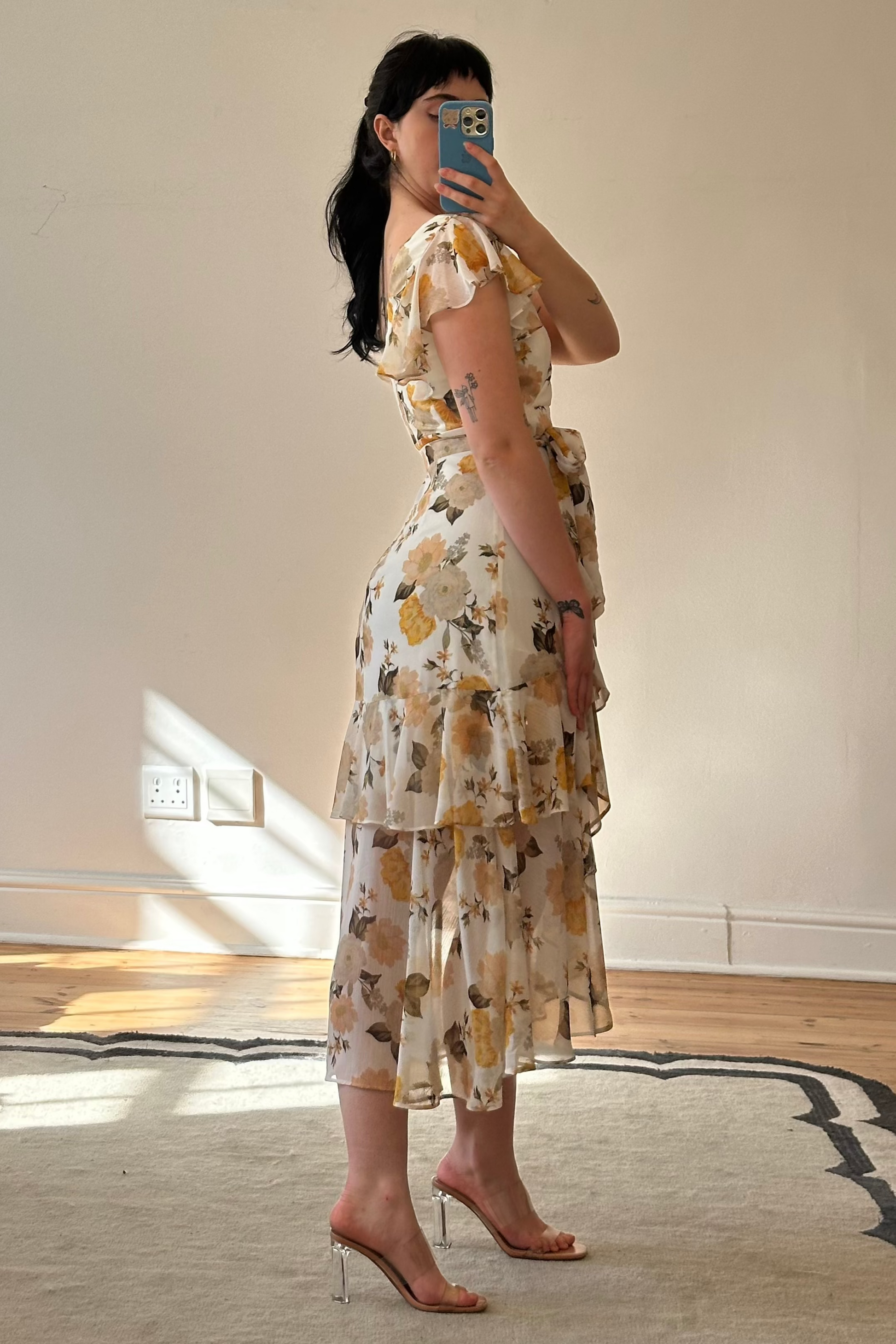 Yellow floral mid-length Forever New dress with a feminine silhouette, available as pre-loved resale fashion for summer occasions.